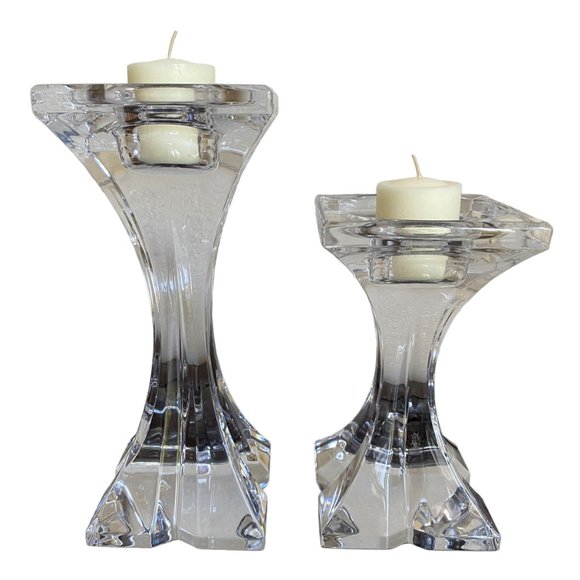 2 Pillar Clear Glass 24% Crystal Lead Candle Holders Slovenia 9" & 6" Tall - Picture 4 of 16